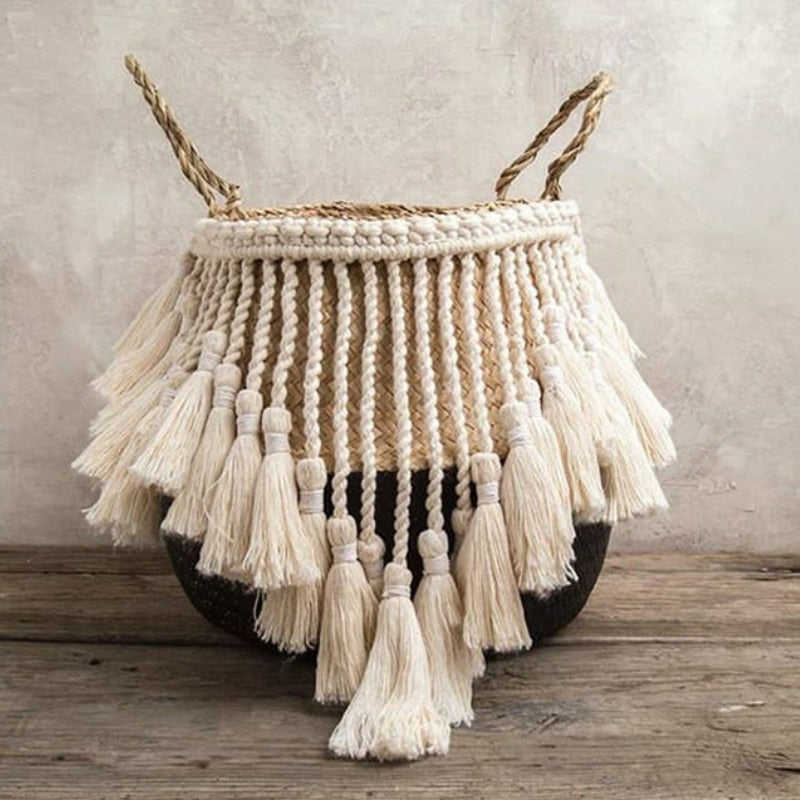Cache-pot/panier en osier "franges à pompons"