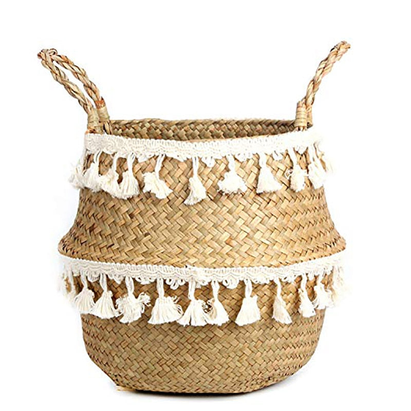 Cache-pot/panier en osier "Guirlandes de pompons blancs"