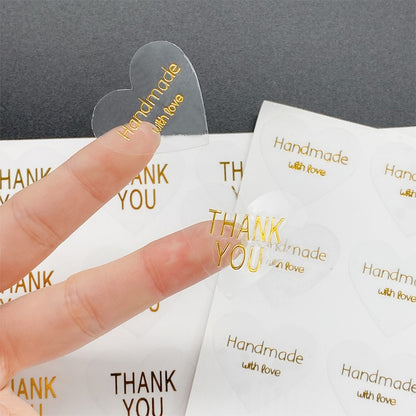 Lot de 100 autocollants transparents, coeur "handmade with love" et "thank you"