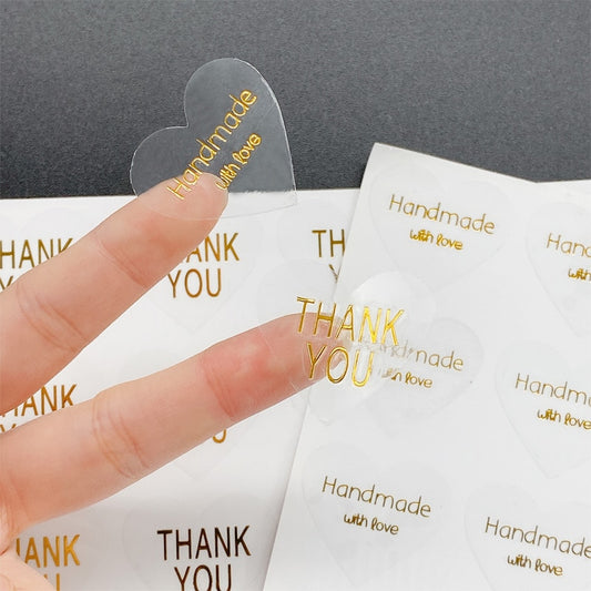 Lot de 100 autocollants transparents, coeur "handmade with love" et "thank you"