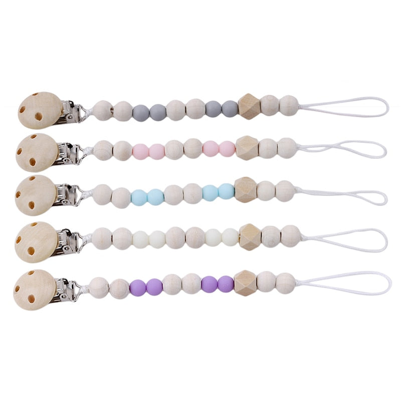 Attache tétine en perles en bois