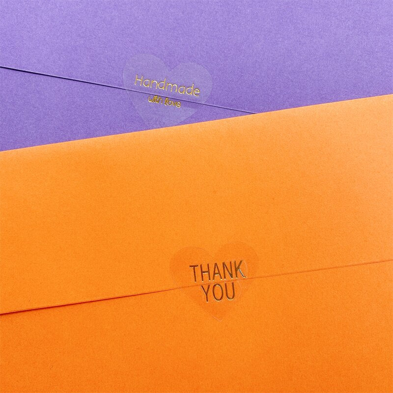 Lot de 100 autocollants transparents, coeur "handmade with love" et "thank you"