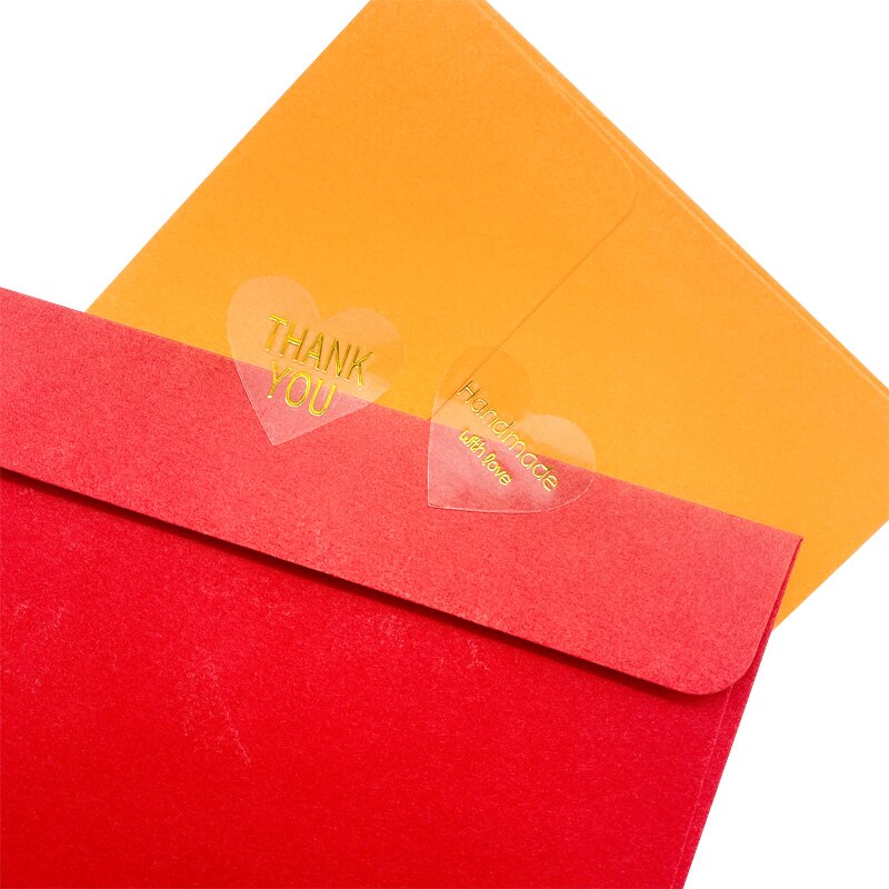 Lot de 100 autocollants transparents, coeur "handmade with love" et "thank you"
