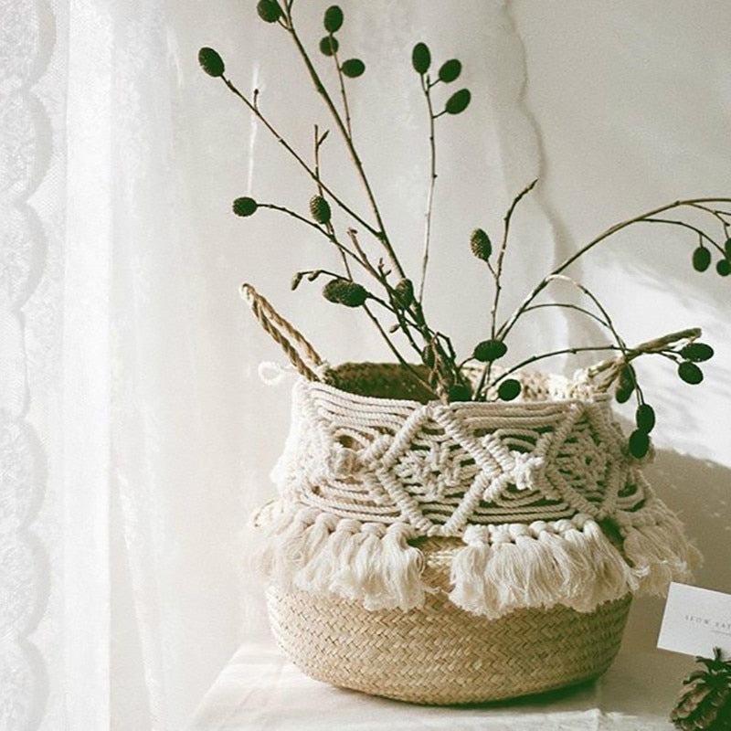 Cache-pot/panier en osier "pompons bohèmes"