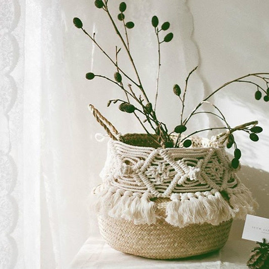 Cache-pot/panier en osier "pompons bohèmes"