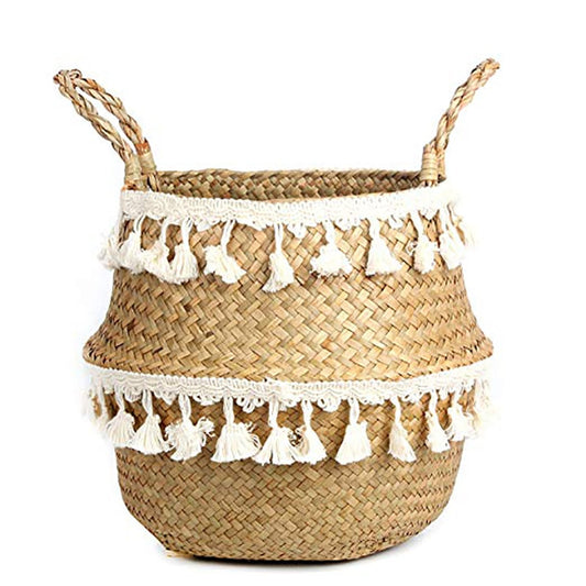 Cache-pot/panier en osier "Guirlandes de pompons blancs"